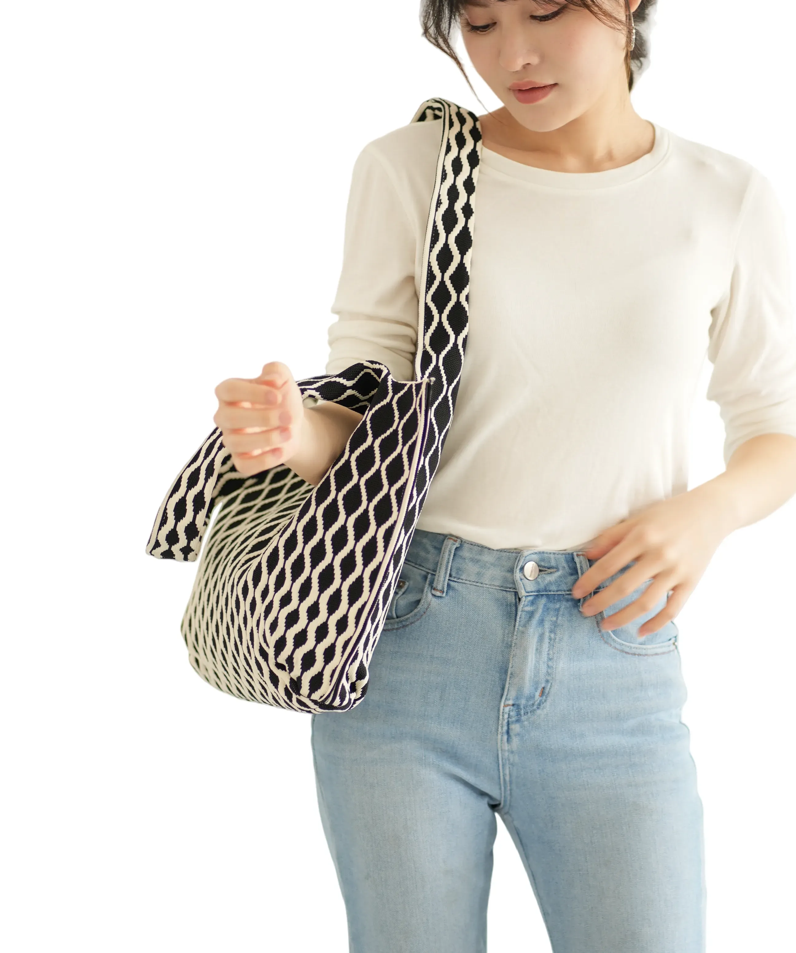Eco-Friendly Fashionable & Durable Knitted Tote Bag with Geometric Pattern Reusable for Women - FS-014 - Detail